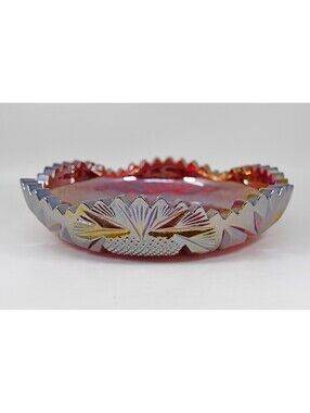 LE Smith Ruby Red Carnival Glass Fruit Bowl Pinwheel Comet Sawtooth Fan VTG 8"